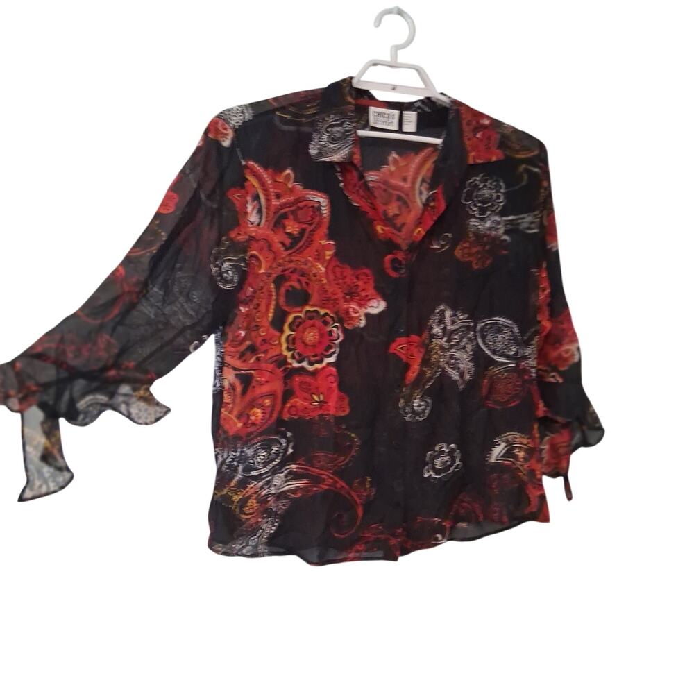 Chicos Design blouse top womens 3 US 16 100% silk floral ruffle sleeves